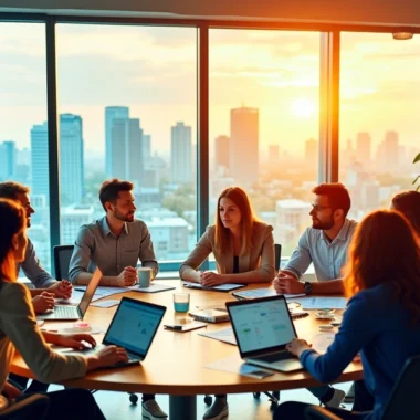 Ambiente de escritório moderno com profissionais discutindo sobre marketing digital e gráficos ao fundo.
