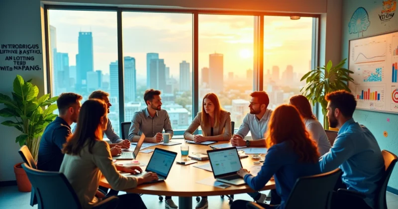 Ambiente de escritório moderno com profissionais discutindo sobre marketing digital e gráficos ao fundo.