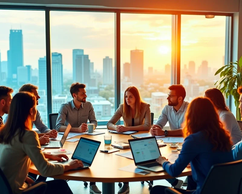 Ambiente de escritório moderno com profissionais discutindo sobre marketing digital e gráficos ao fundo.