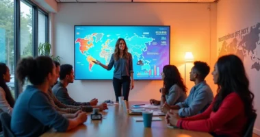 Juliana Feffer in a vibrant office space, discussing digital transformation with engaged colleagues.