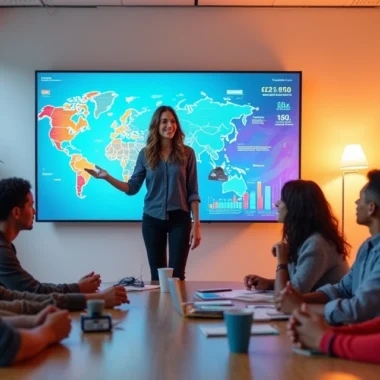 Juliana Feffer in a vibrant office space, discussing digital transformation with engaged colleagues.