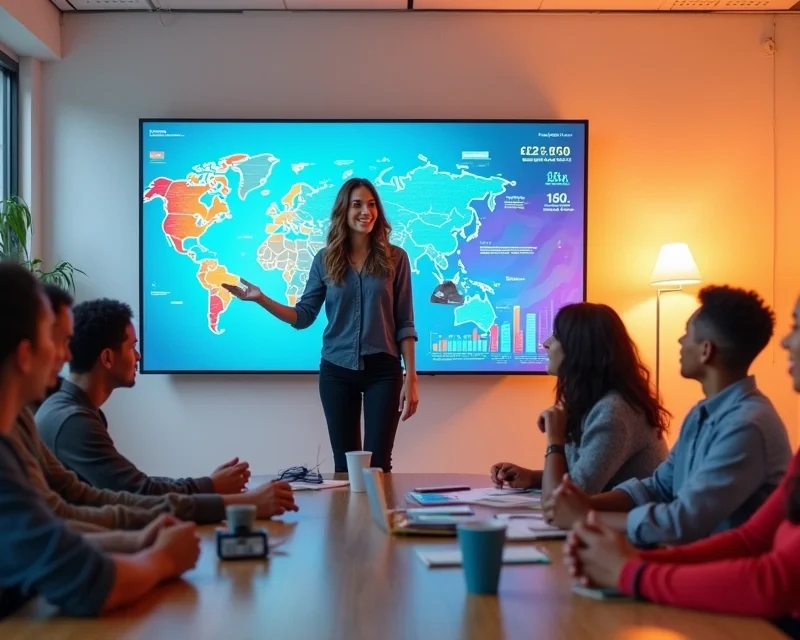 Juliana Feffer in a vibrant office space, discussing digital transformation with engaged colleagues.