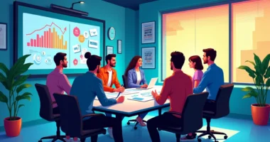 Reunião de estratégia de vendas digitais em um escritório moderno com gráficos coloridos e profissionais animados.