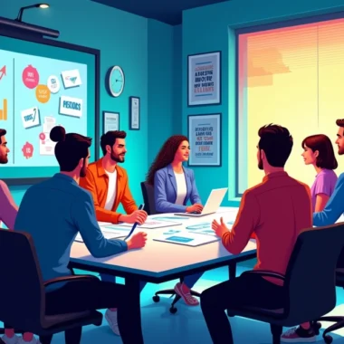 Reunião de estratégia de vendas digitais em um escritório moderno com gráficos coloridos e profissionais animados.