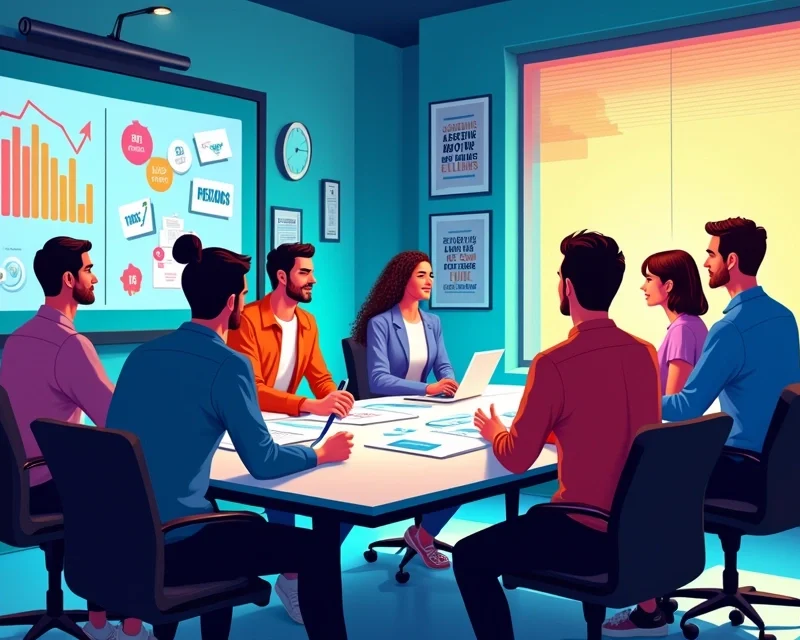 Reunião de estratégia de vendas digitais em um escritório moderno com gráficos coloridos e profissionais animados.